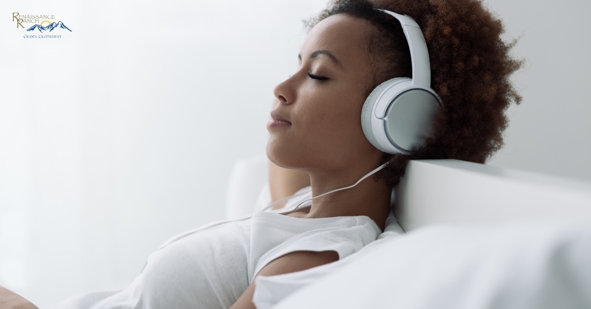 Lady Fighting Addiction Listening to Comforting Music
